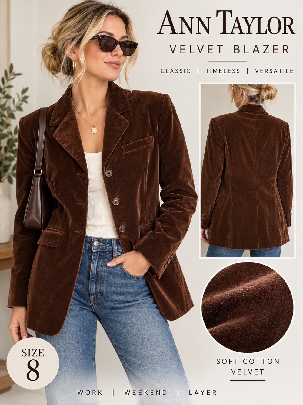 Ann Taylor Brown Velvet Blazer Jacket Size 8 Cotton Academia Y2K